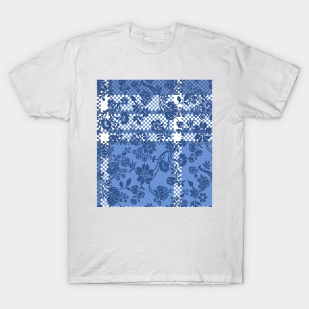 Classic Blue Damask Floral Pattern On textured Ground T-Shirt by justrachna
